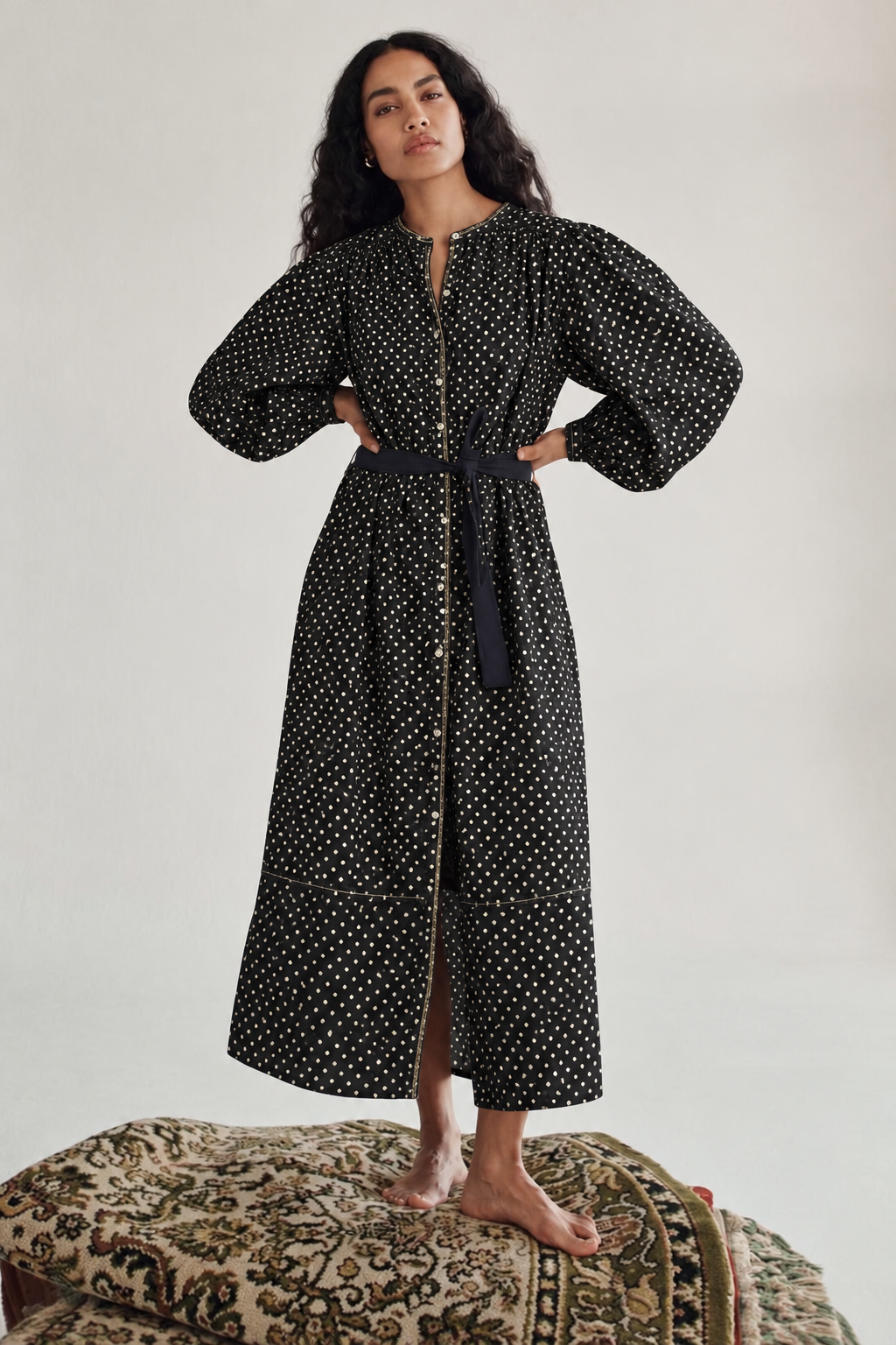 Black and White Polka Dot Belted Long Shirt Dress