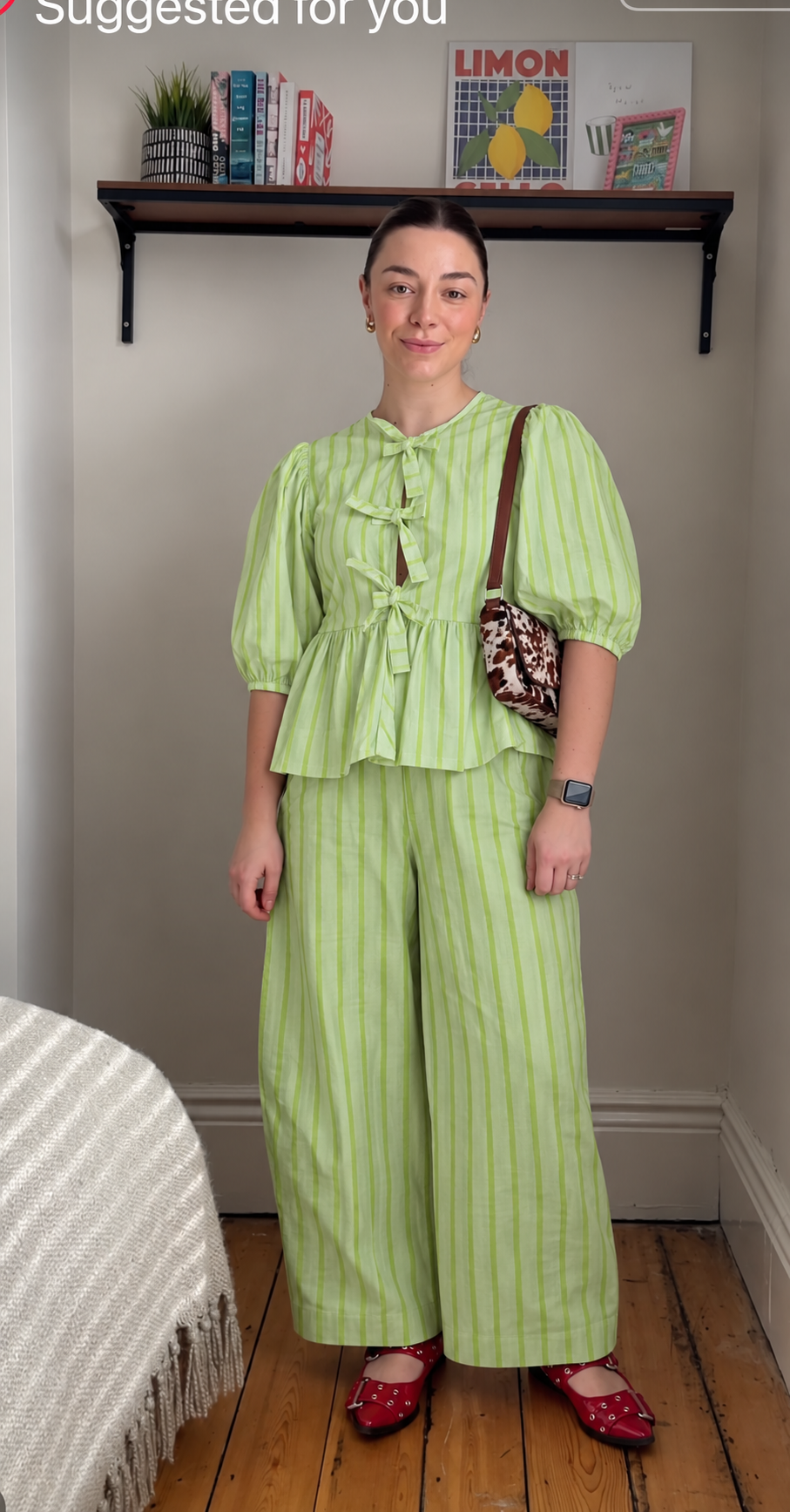 Pale Green Striped Bow-Front Peplum Co-ord Set