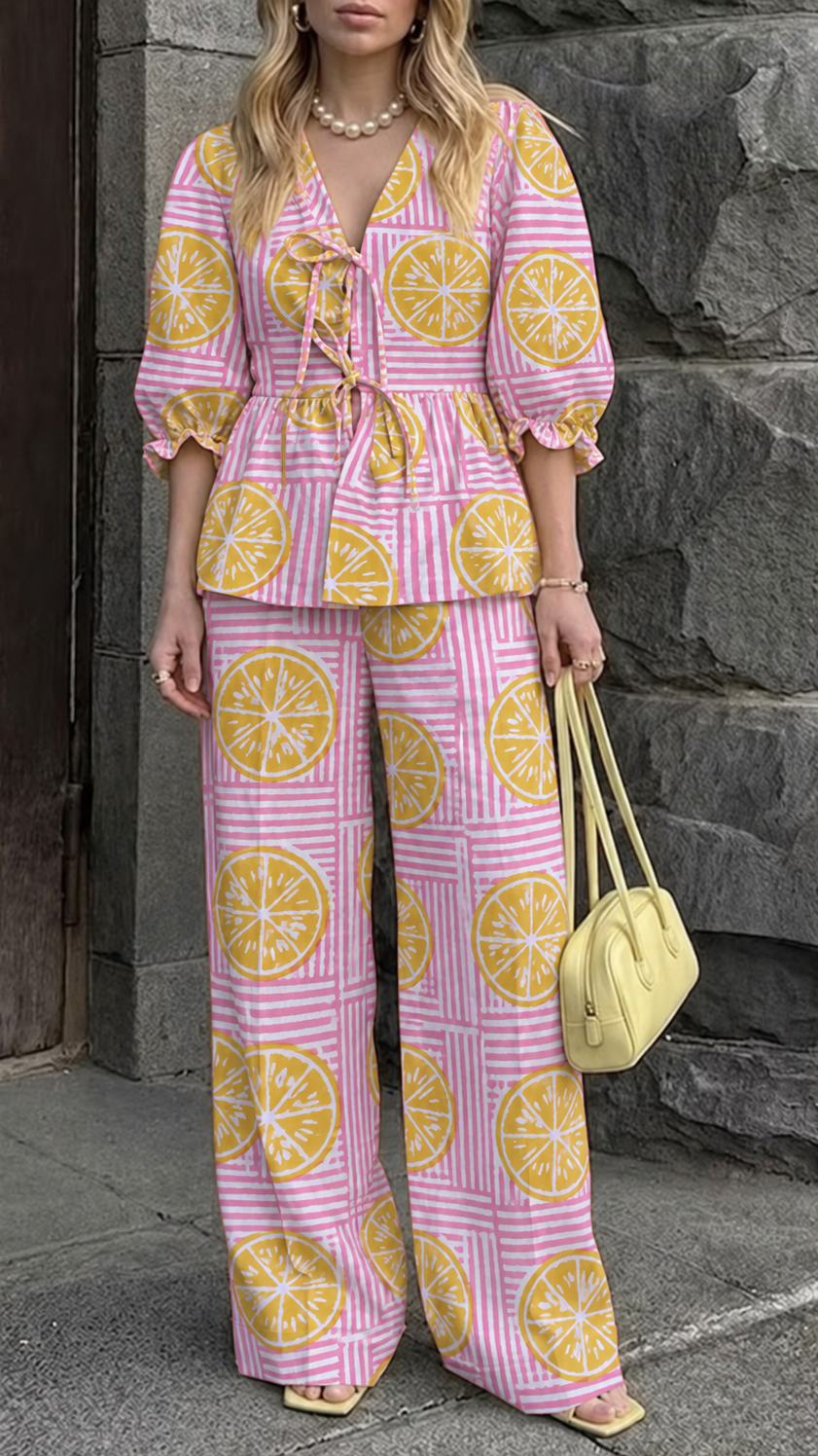 Lilac and Yellow Geometric Tie-Front Peplum Co-ord Set
