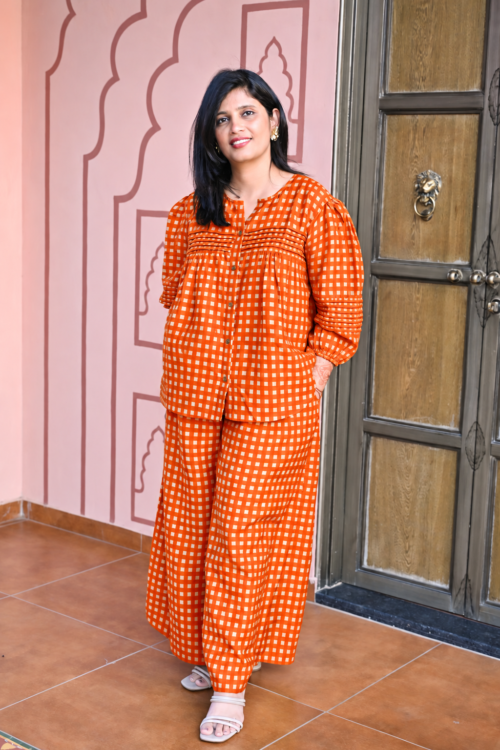 Orange Checked Pintuck Blouse and Wide-Leg Trouser Set