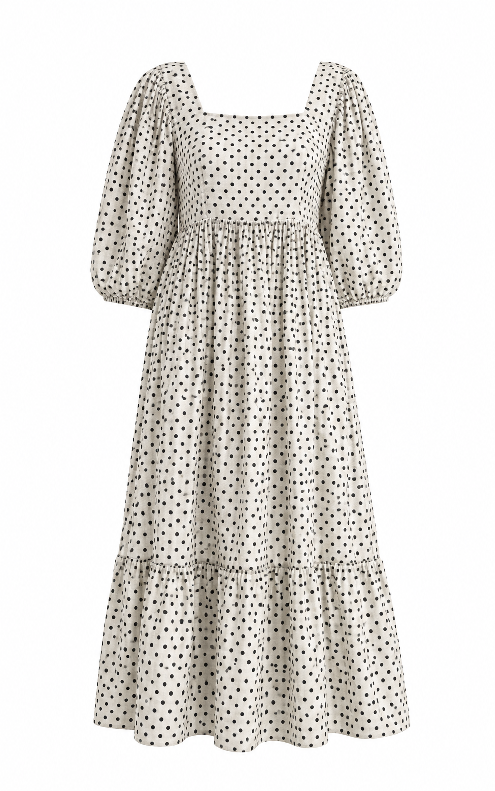 Cream and Black Polka Dot Square-Neck Tiered Maxi Dress