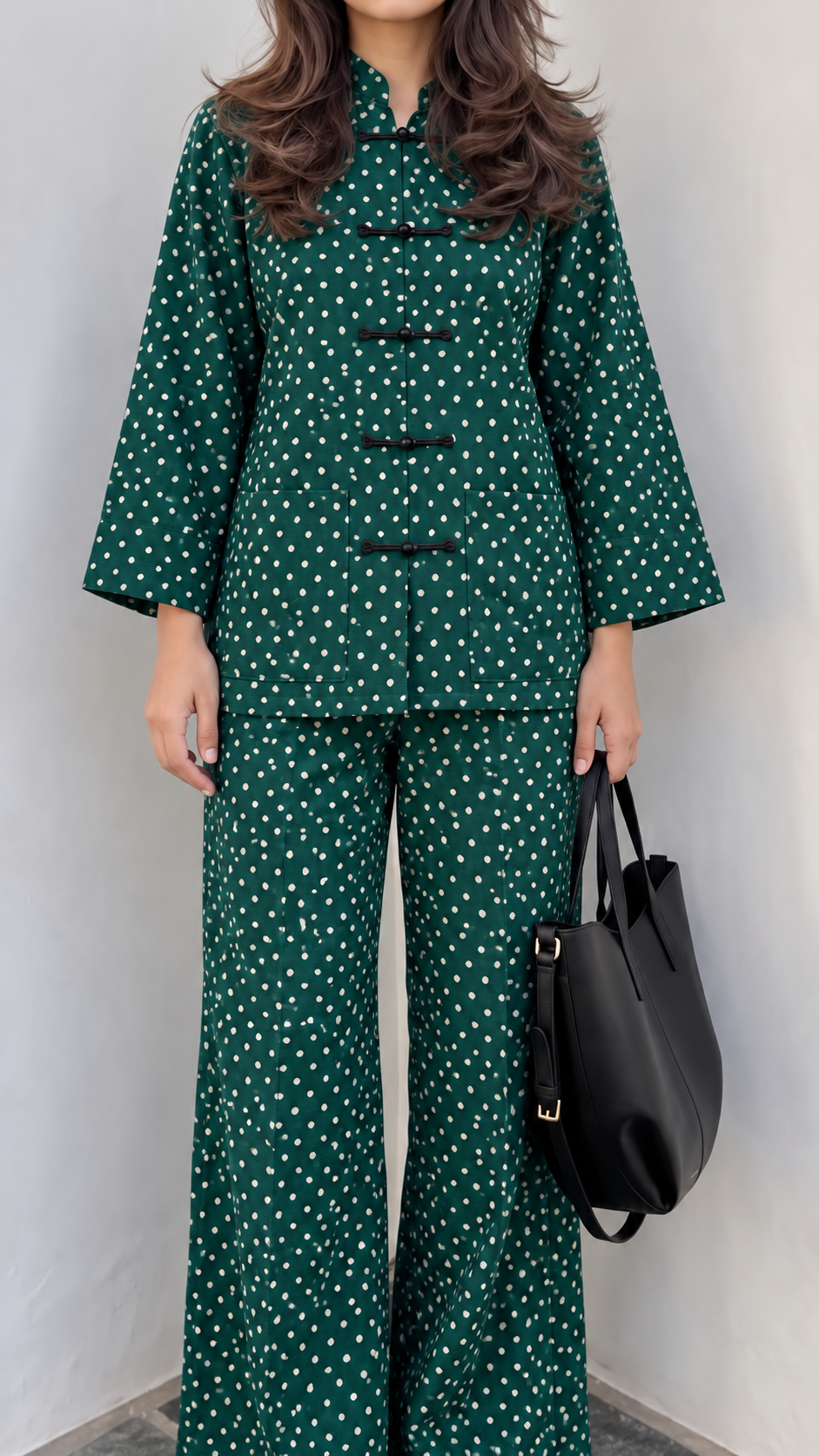 Emerald and White Polka Dot Frog-Button Jacket and Trouser Set