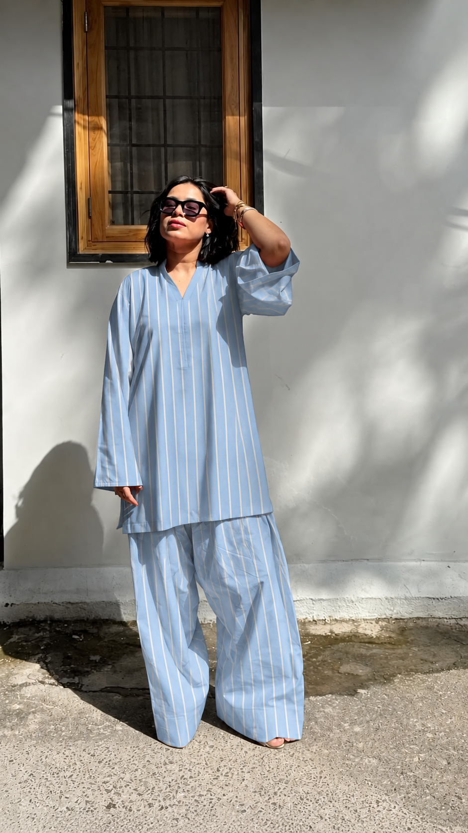 Pale Blue Striped V-Neck Tunic and Barrel Pant Set
