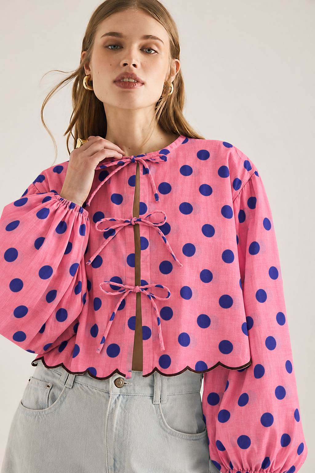 Pink and Navy Polka Dot Tie-Front Balloon-Sleeve Blouse