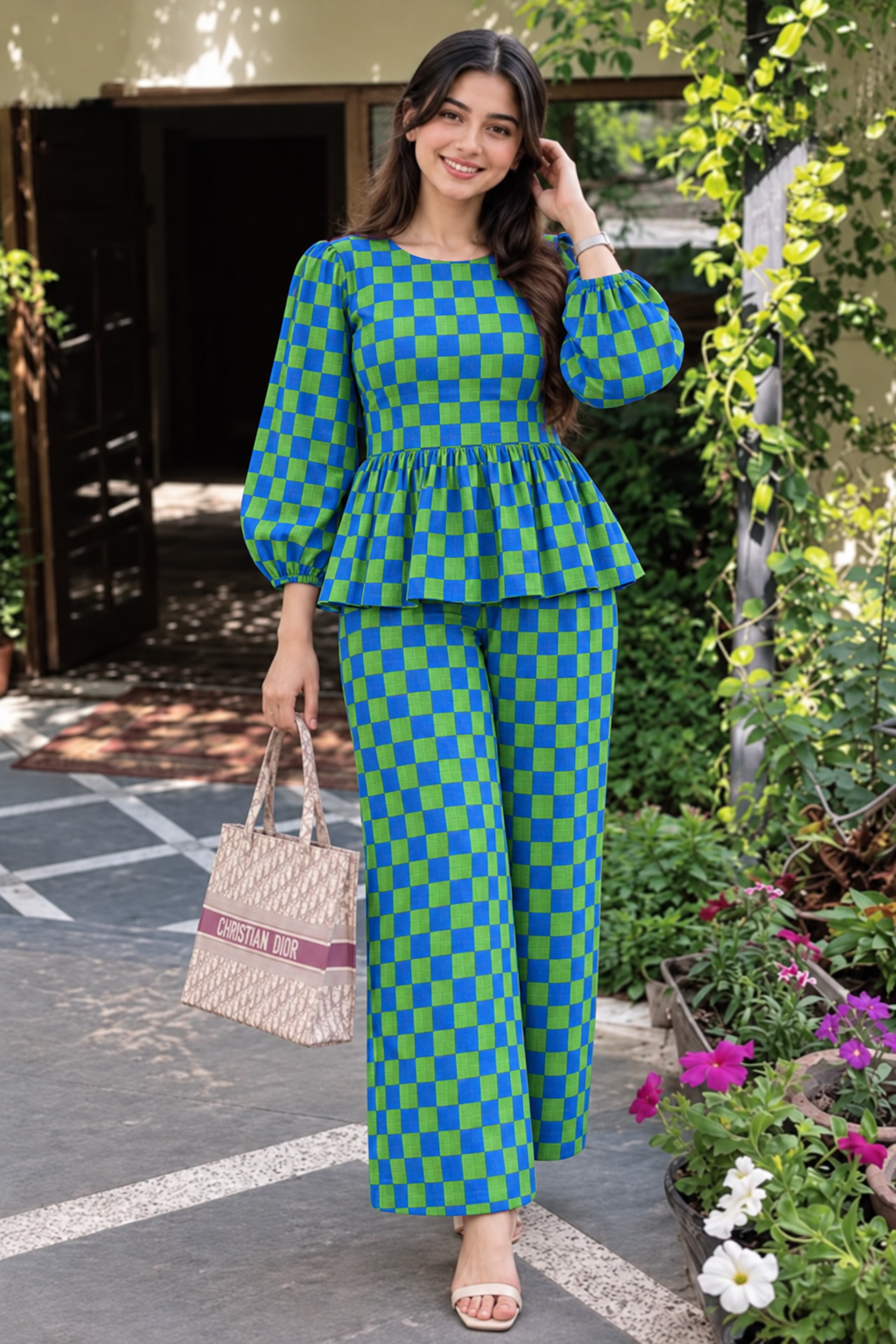 Blue and Green Checked Peplum Top and Trouser Set
