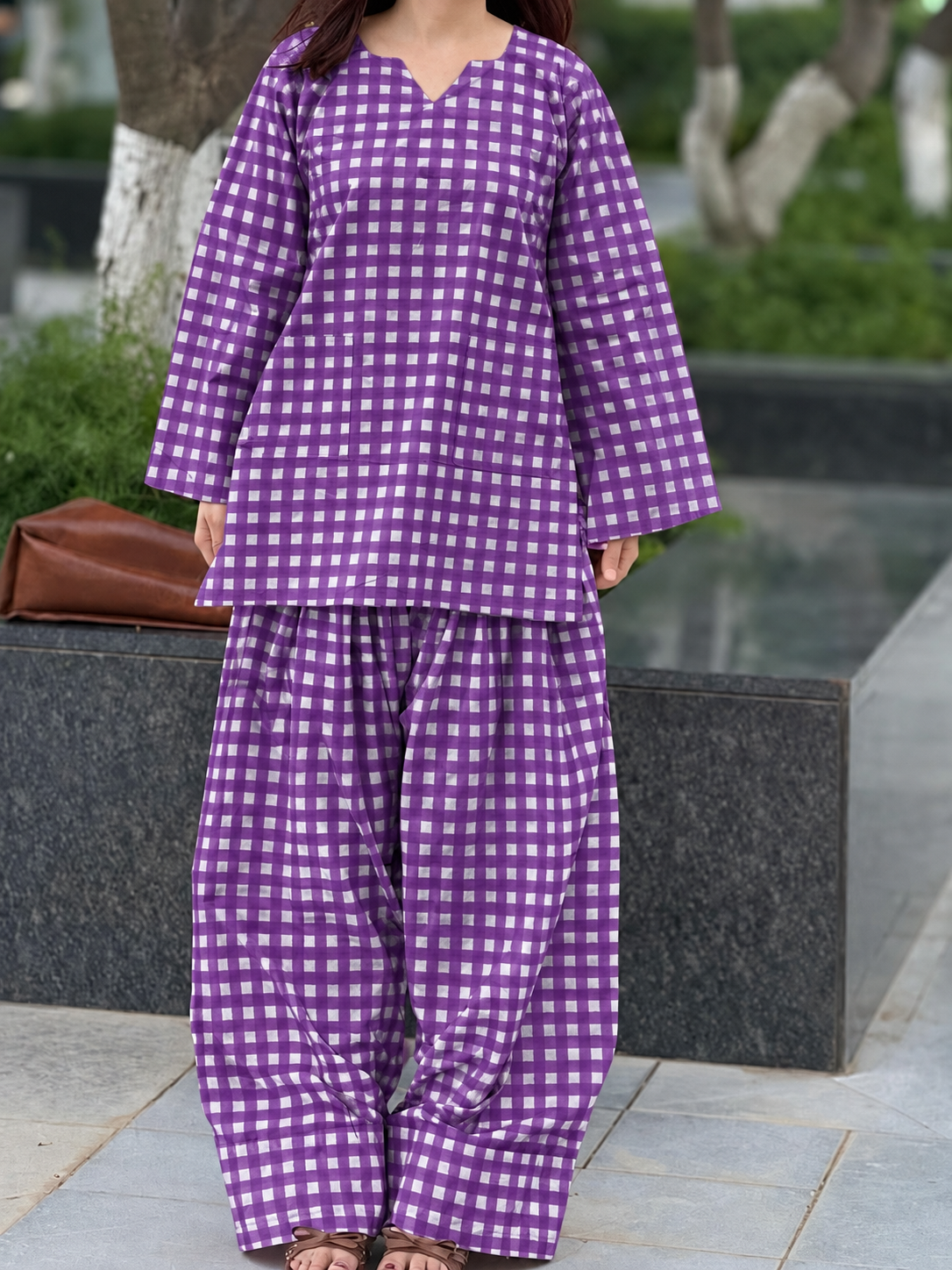 Purple Checked Short Kurti and Balloon Pant Set