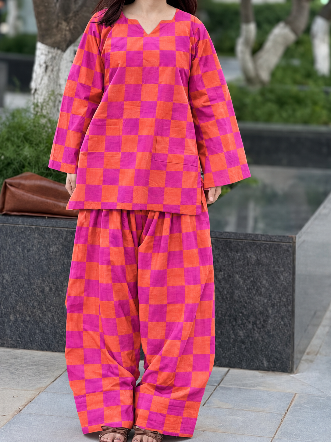 Orange and Pink Checked Short Kurti and Balloon Pant Set