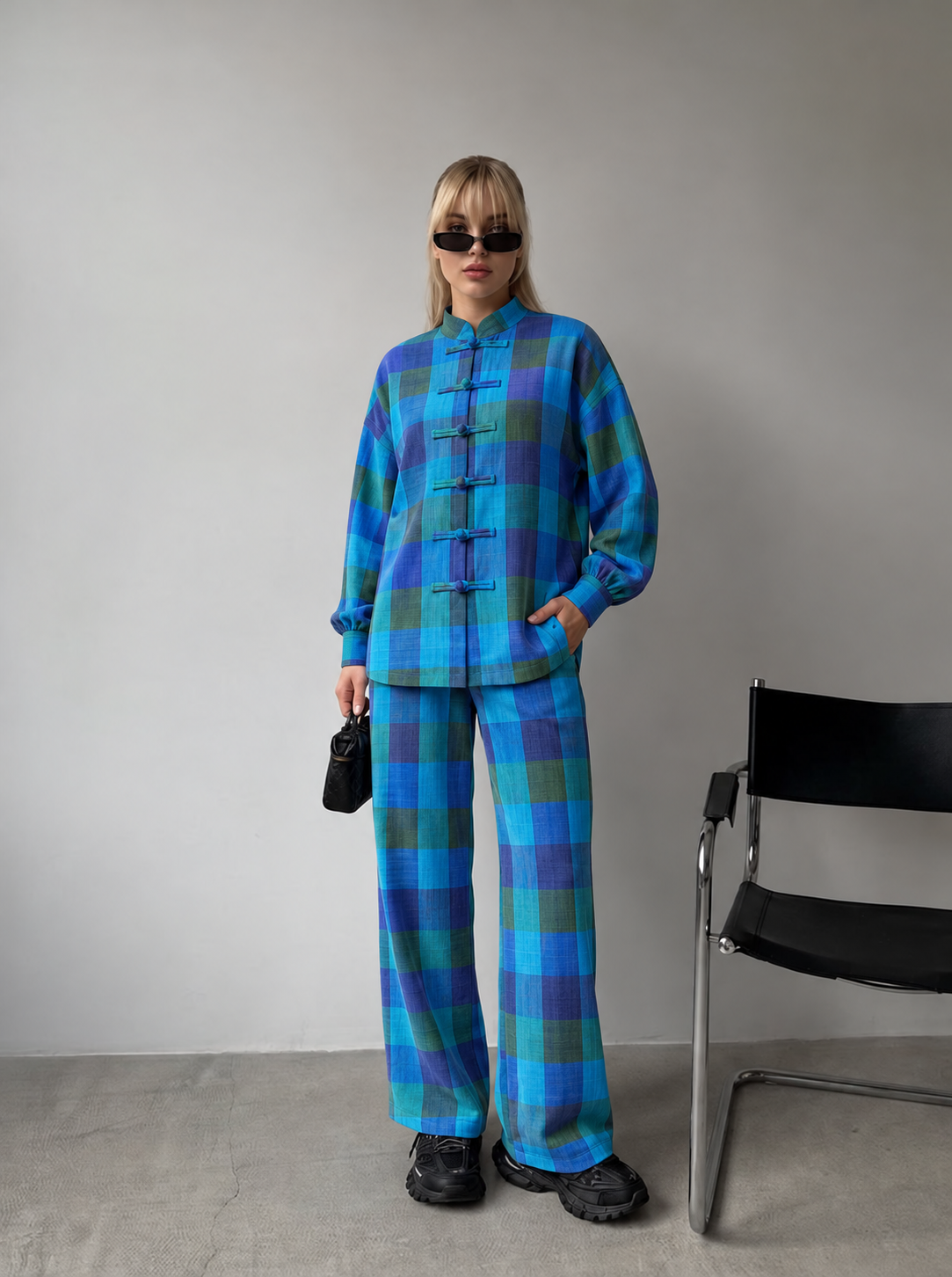 Blue and Green Checked Frog-Button Shirt and Trouser Set