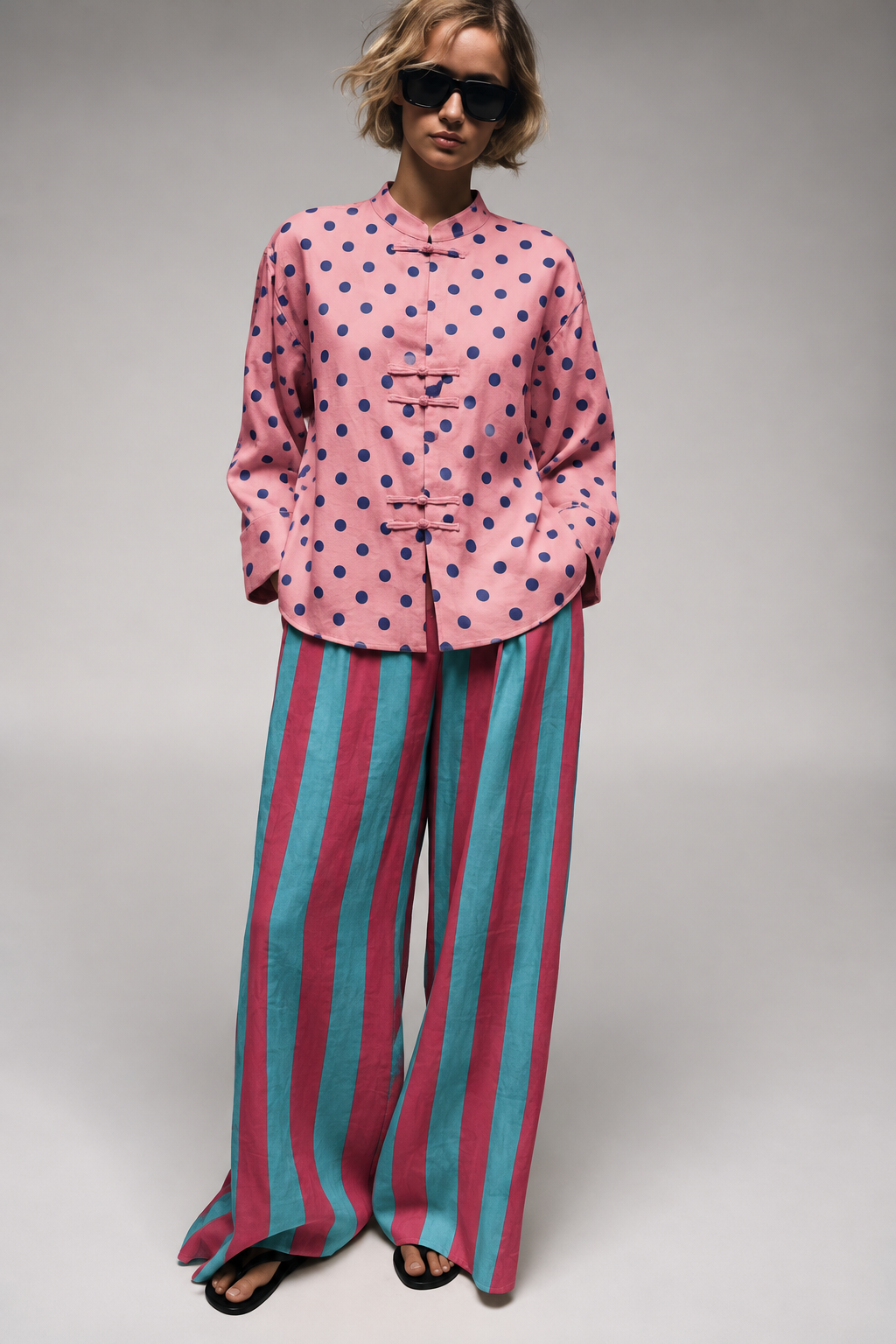 Pink Polka Dot Top and Teal Striped Trouser Set