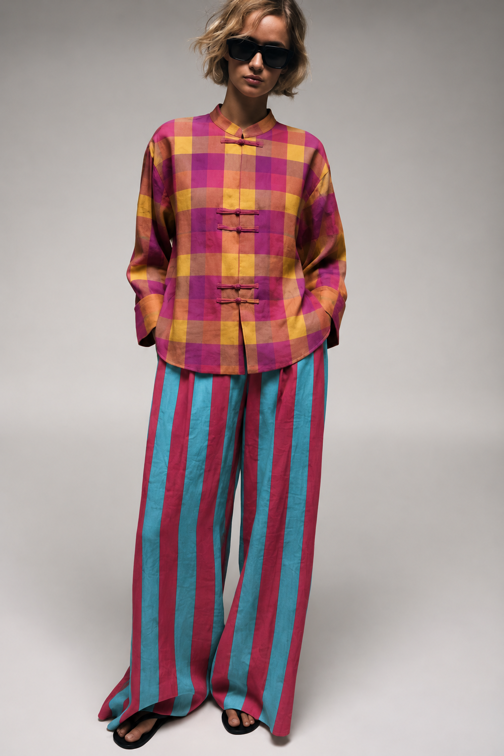 Magenta Checked Shirt and Teal Striped Trouser Set