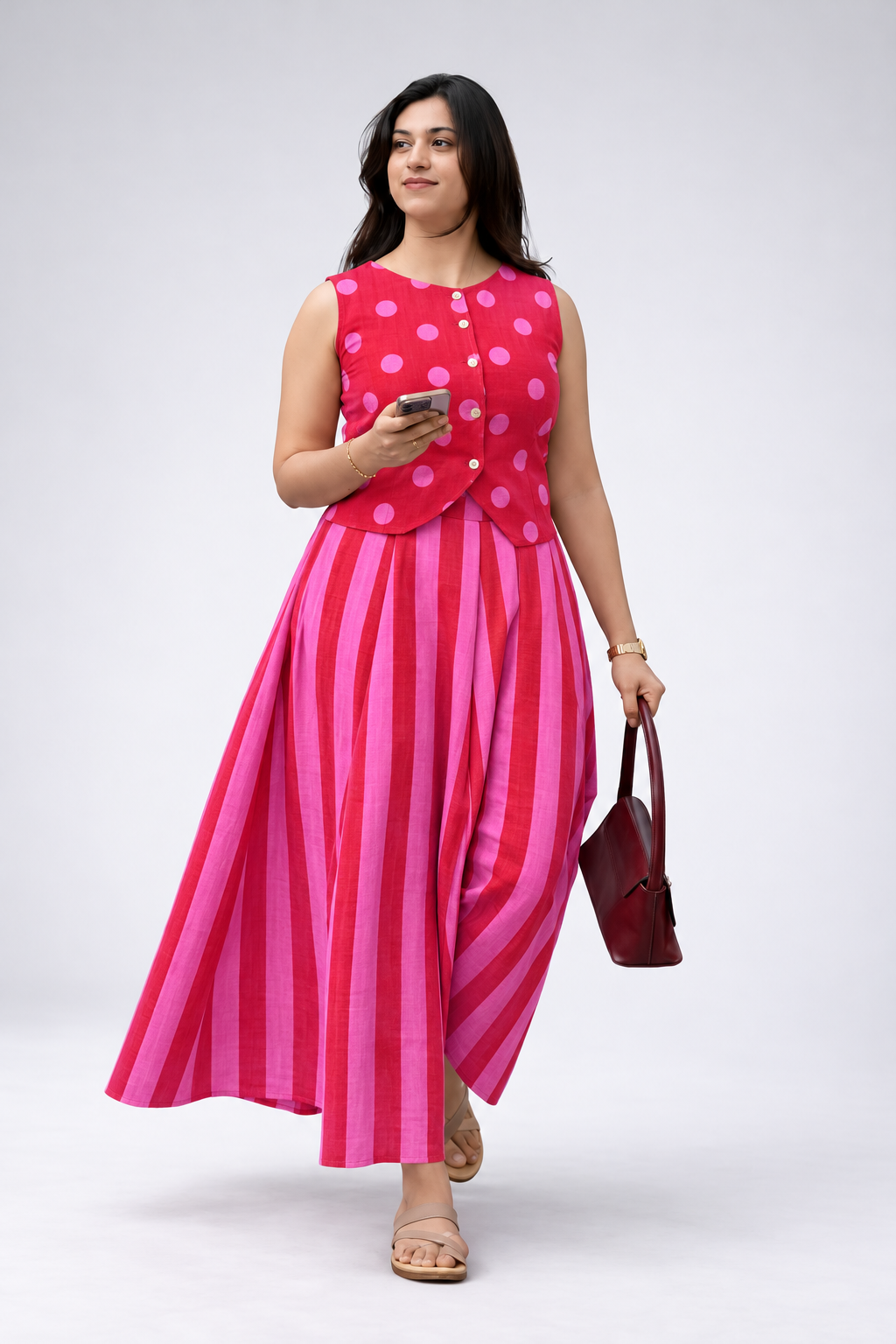 Red and Pink Polka Dot and Pink Striped Sleeveless Vest and Maxi Skirt Set - Style 2