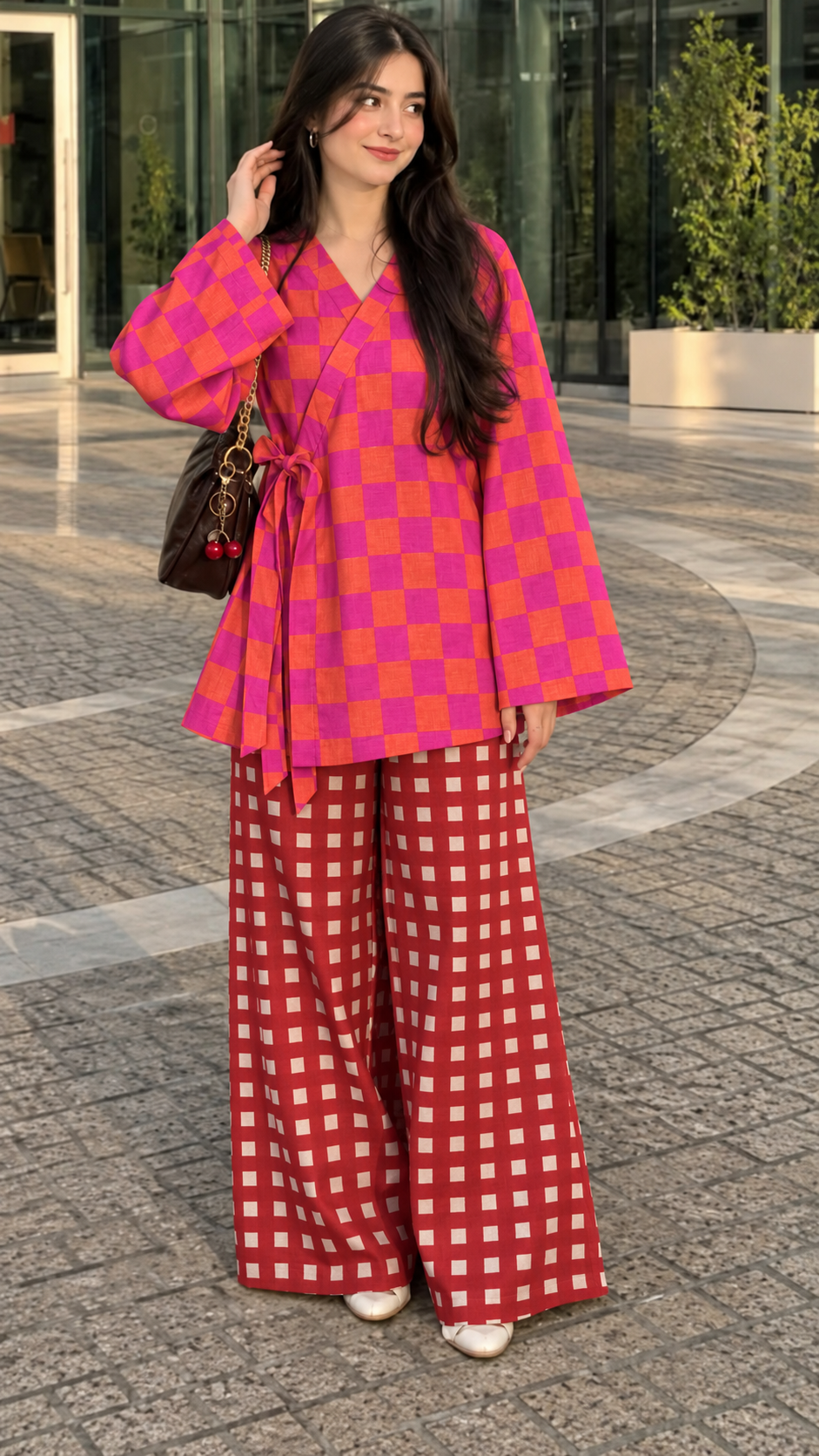 Orange and Pink Checked and Red Square Check Wrap Tunic and Wide-Leg Trouser Set