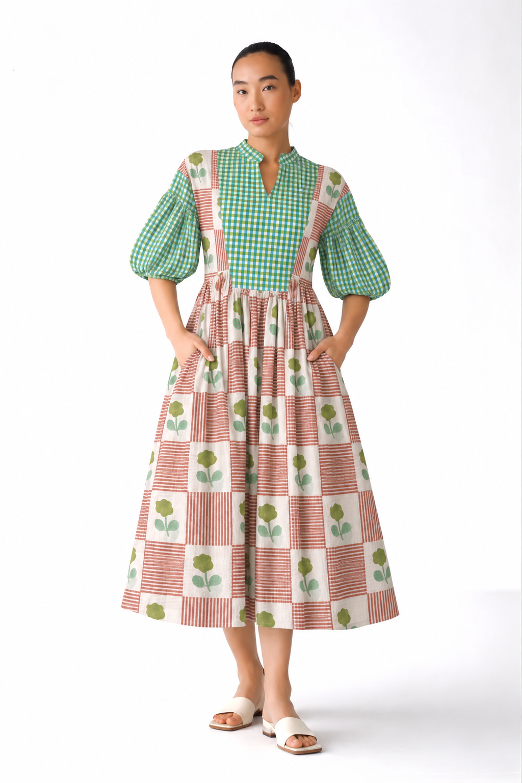 Blush Floral Patchwork with Green Checked Printed Inset Midi Dress