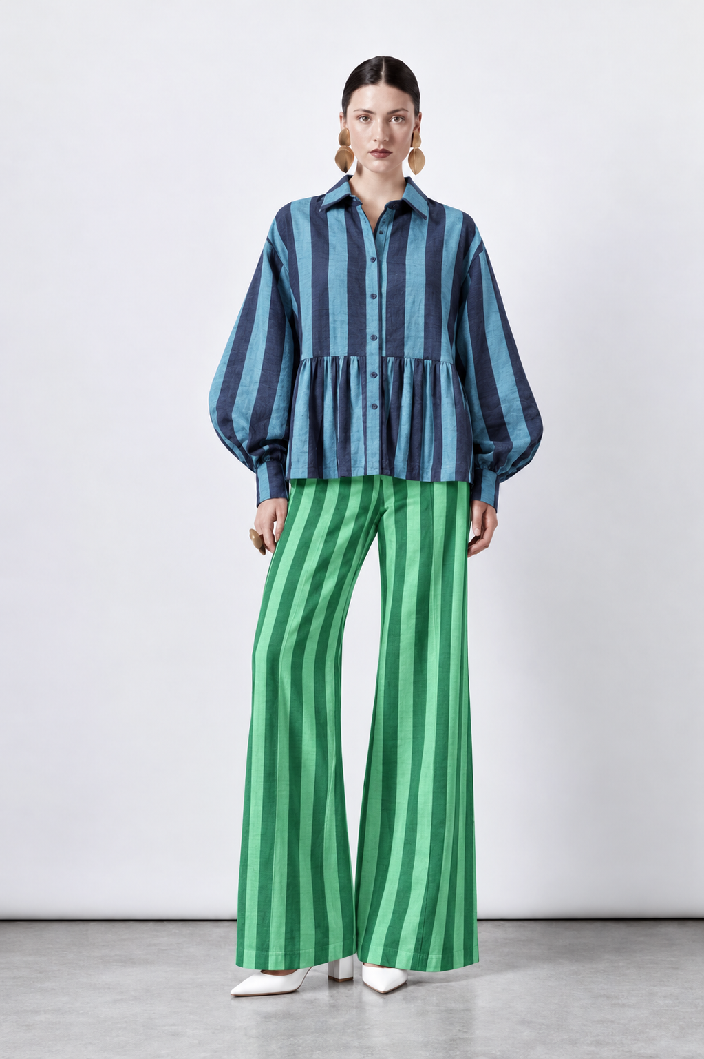 Aqua and Charcoal Striped and Green Striped Babydoll Blouse and Wide-Leg Trouser Set