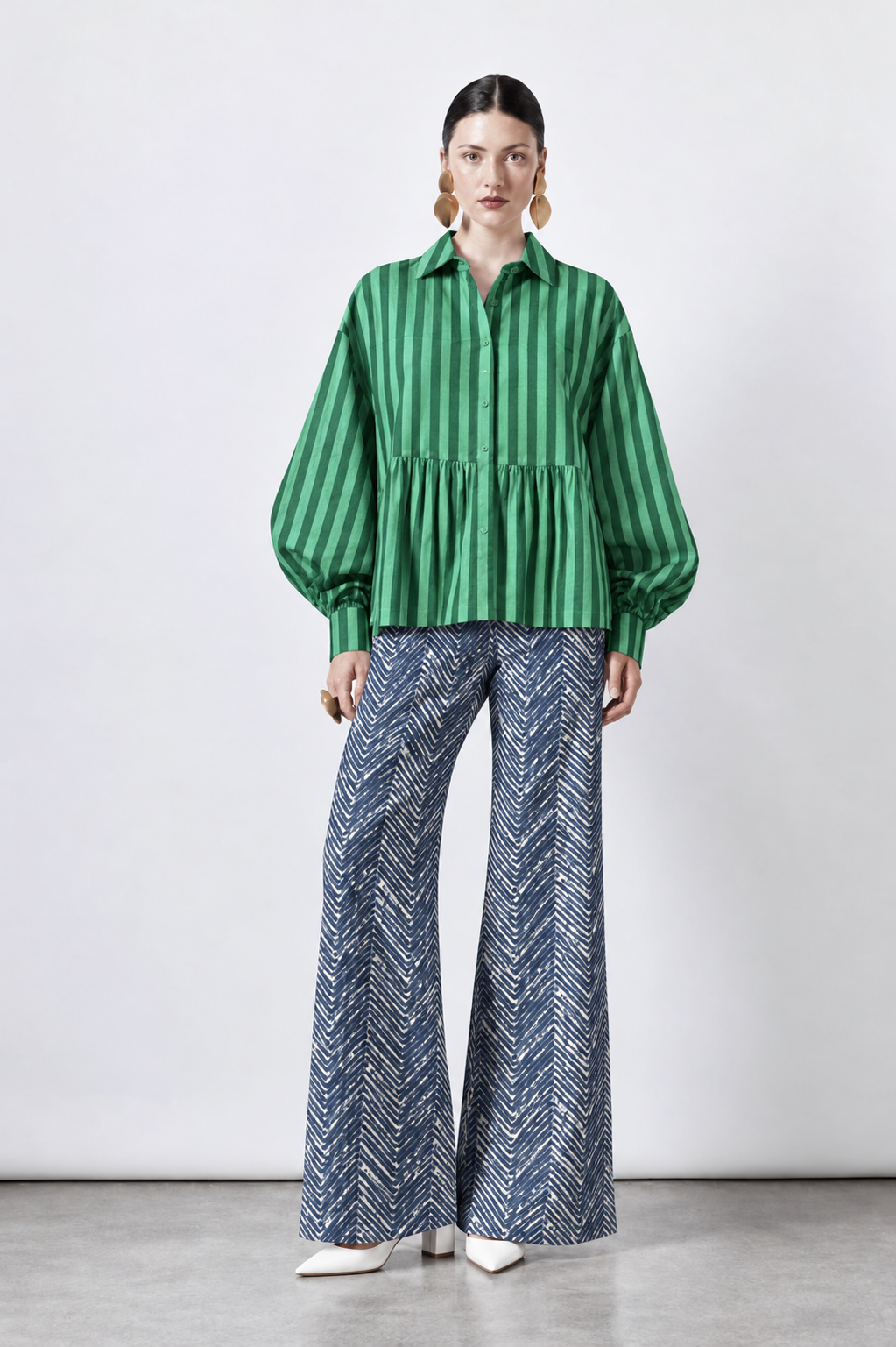 Green Striped and Navy Chevron Babydoll Blouse and Wide-Leg Trouser Set