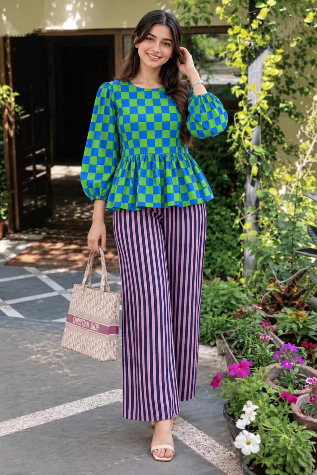 Blue and Green Checked and Navy and Lilac Striped Peplum Top and Trouser Set