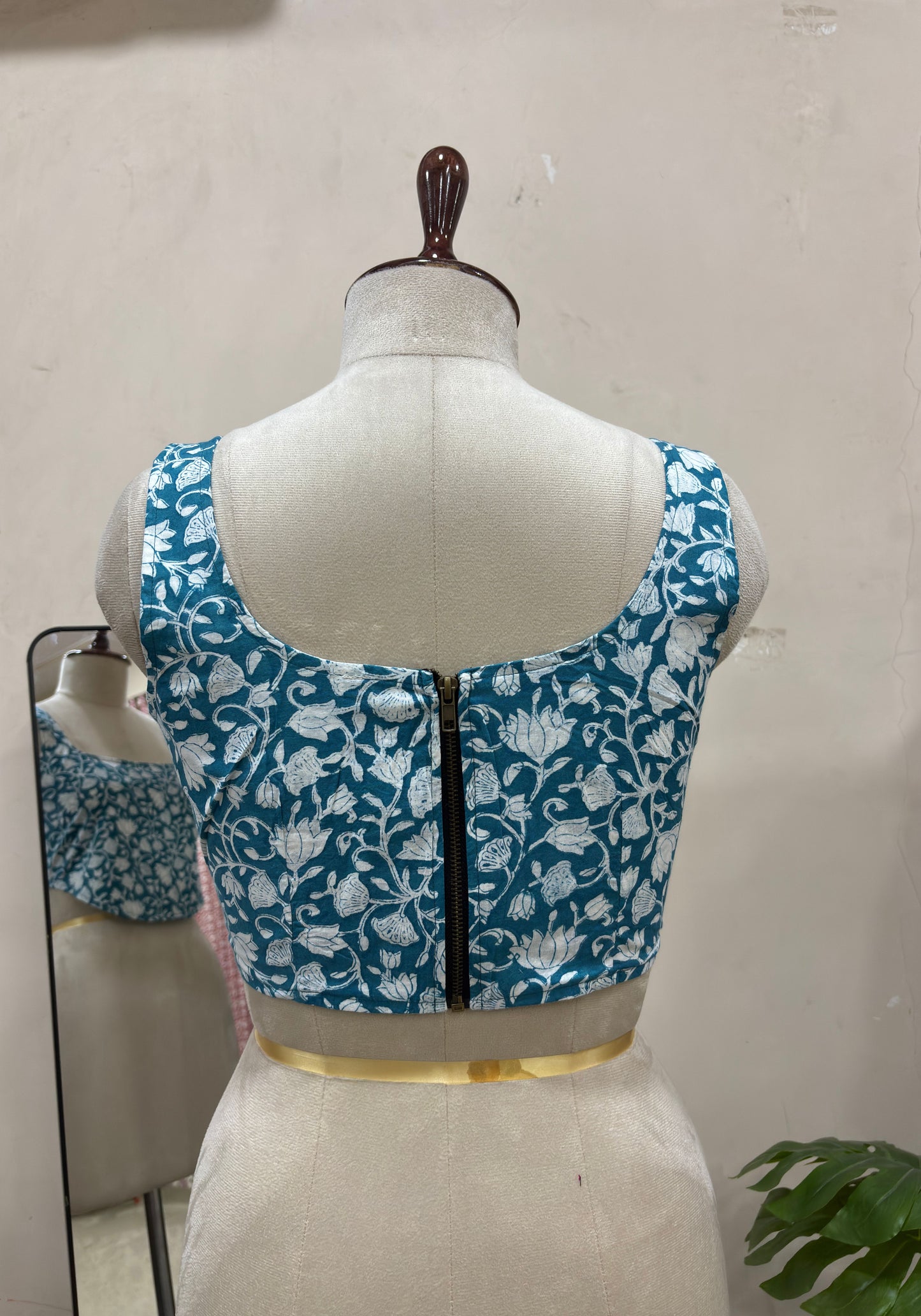 Teal Blue Floral Printed Square Neck Crop Top