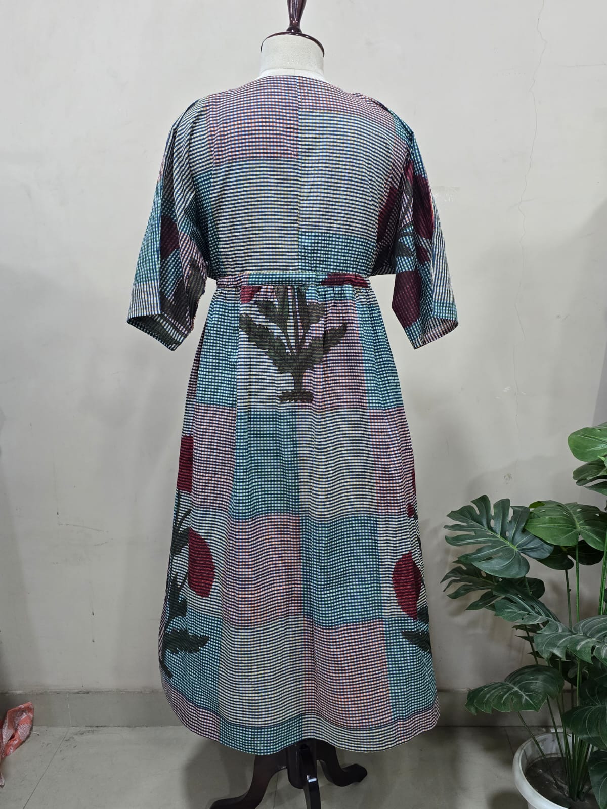 Crimson Flora Checkered Kaftan Dress