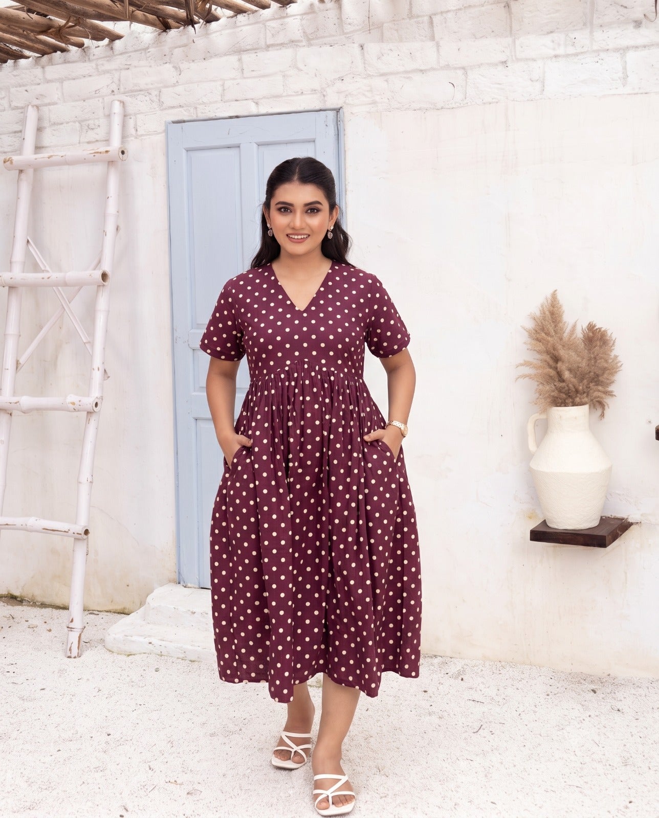 Maroon Polka Dot V-Neck Midi Dress