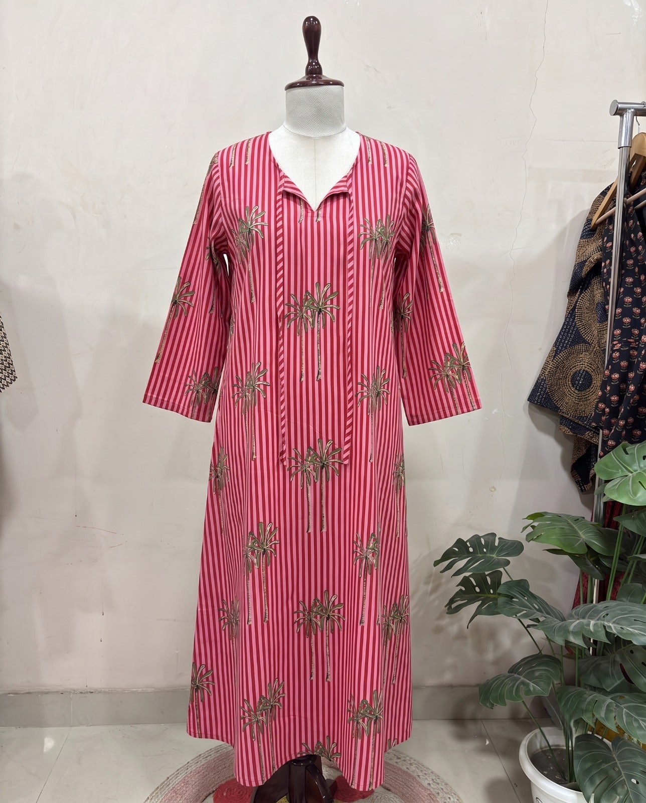 Pink Striped Palm Printed Dress
