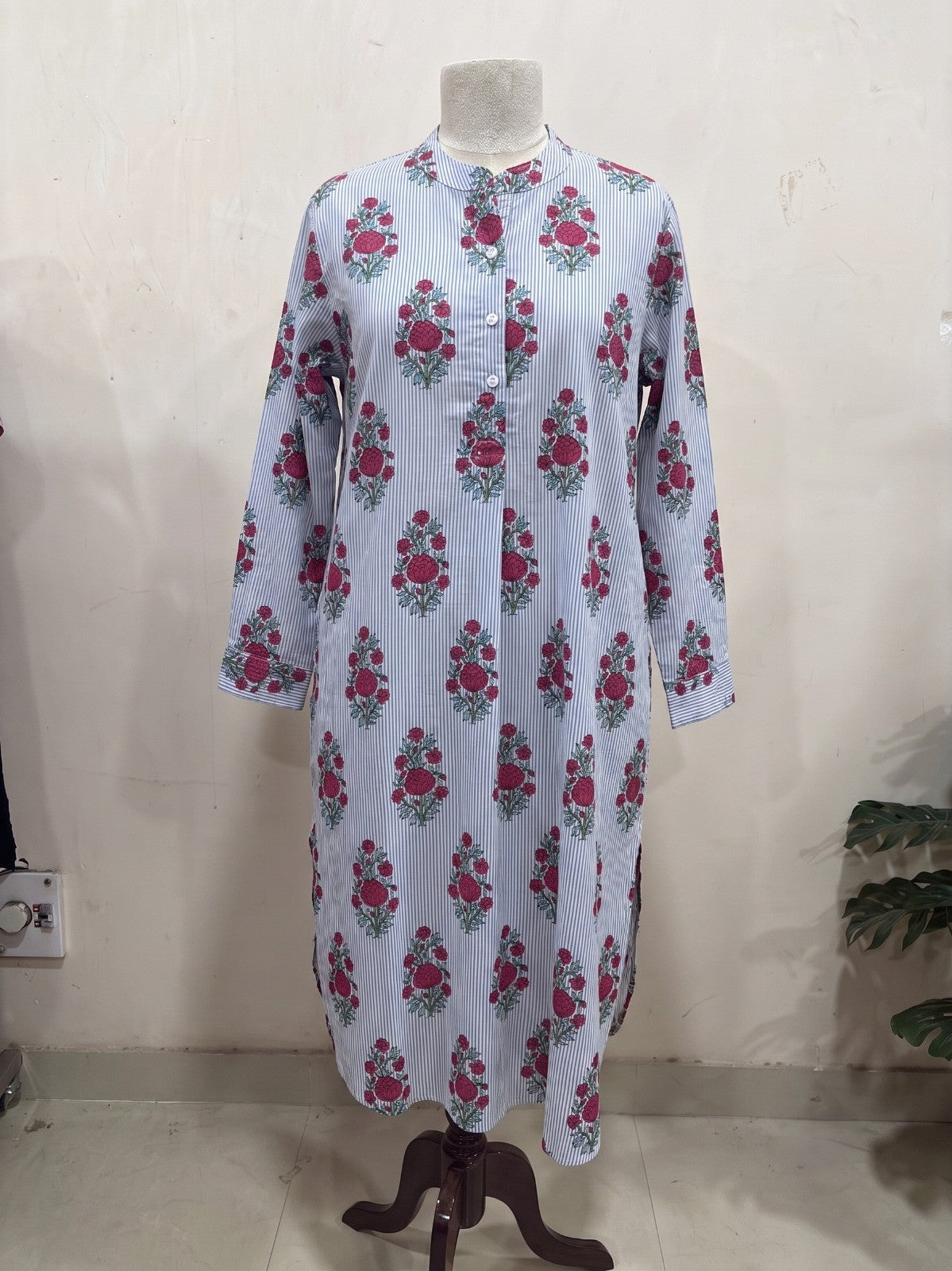 Blue Striped Floral Print Midi Dress
