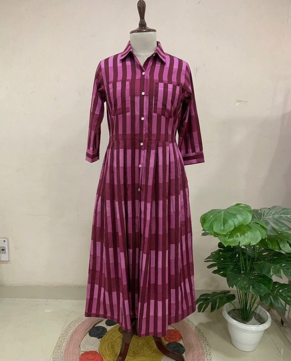 Pink & Maroon Striped Button-Down Dress