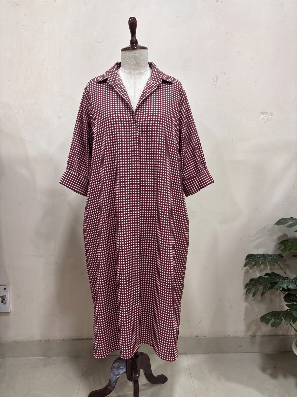 Maroon Gingham Relaxed Dress