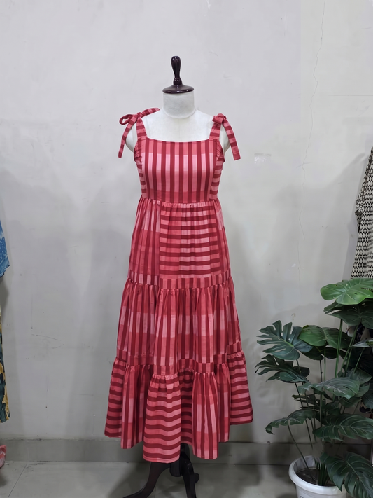 Rose Stripe Tie-Shoulder Maxi Dress