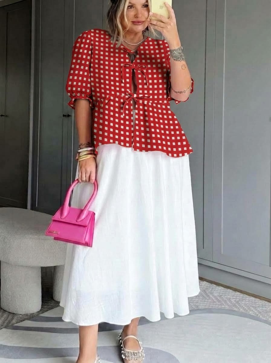 Red Checkered Front-Tie Flared Skirt Set