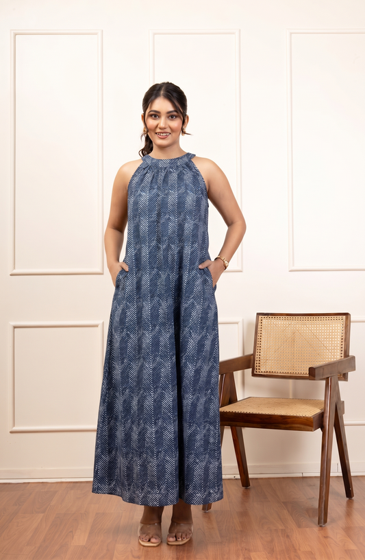 Blue Chevron Printed Halter Maxi Dress