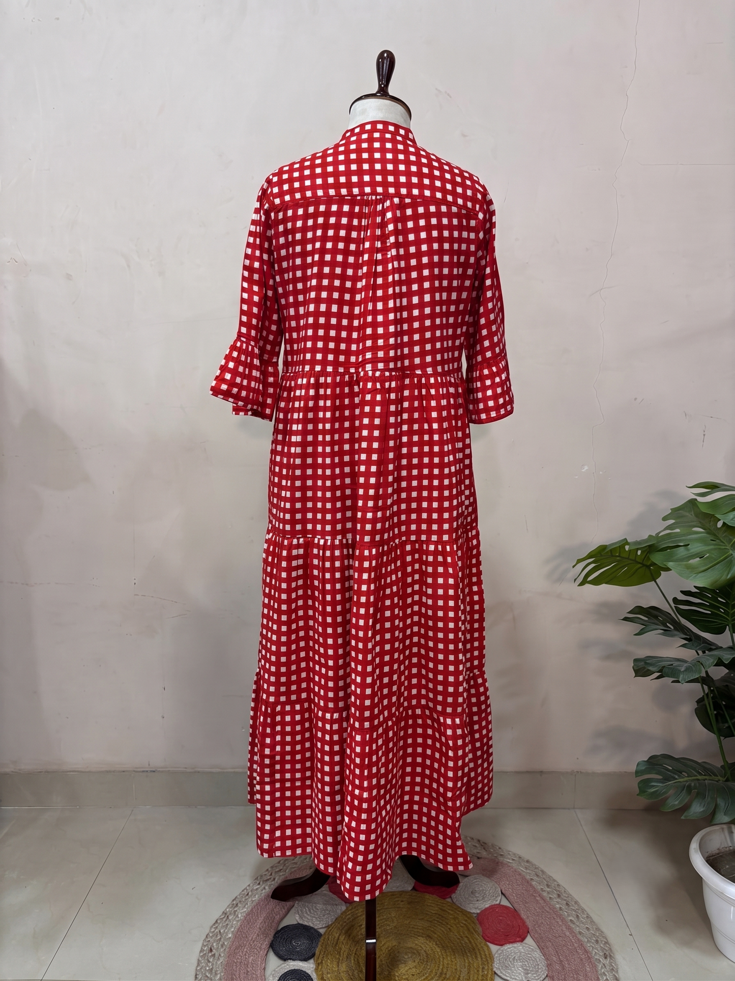 Red Gingham Check Tiered Maxi Dress