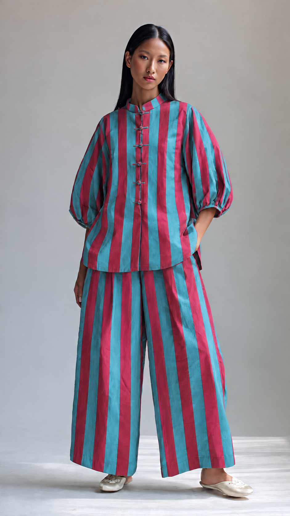 Teal and Magenta Striped Puff-Sleeve Tunic and Wide-Leg Trouser Set