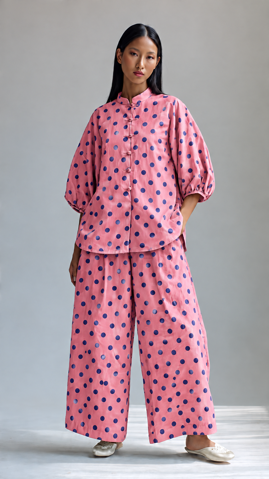 Pink and Navy Polka Dot Puff-Sleeve Tunic and Wide-Leg Trouser Set