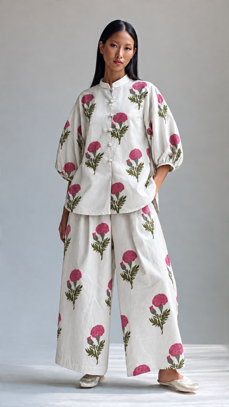 White and Pink Floral Puff-Sleeve Tunic and Wide-Leg Trouser Set