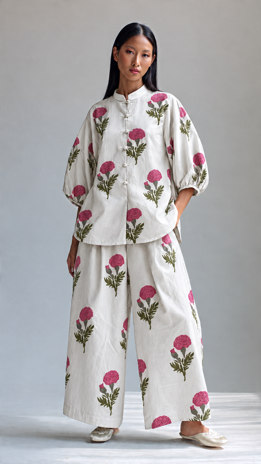White and Pink Floral Puff-Sleeve Tunic and Wide-Leg Trouser Set