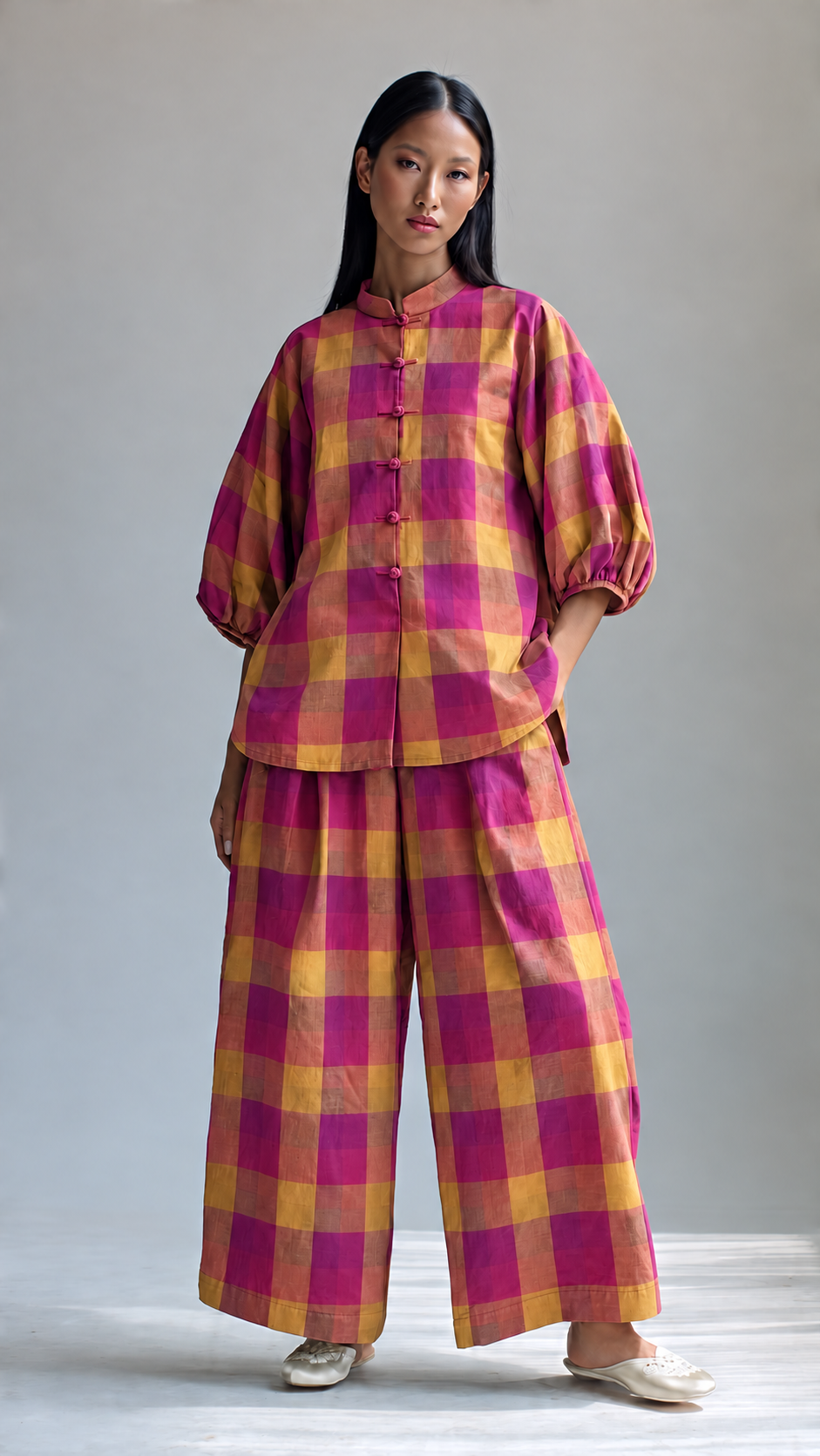 Magenta and Mustard Checked Puff-Sleeve Tunic and Wide-Leg Trouser Set
