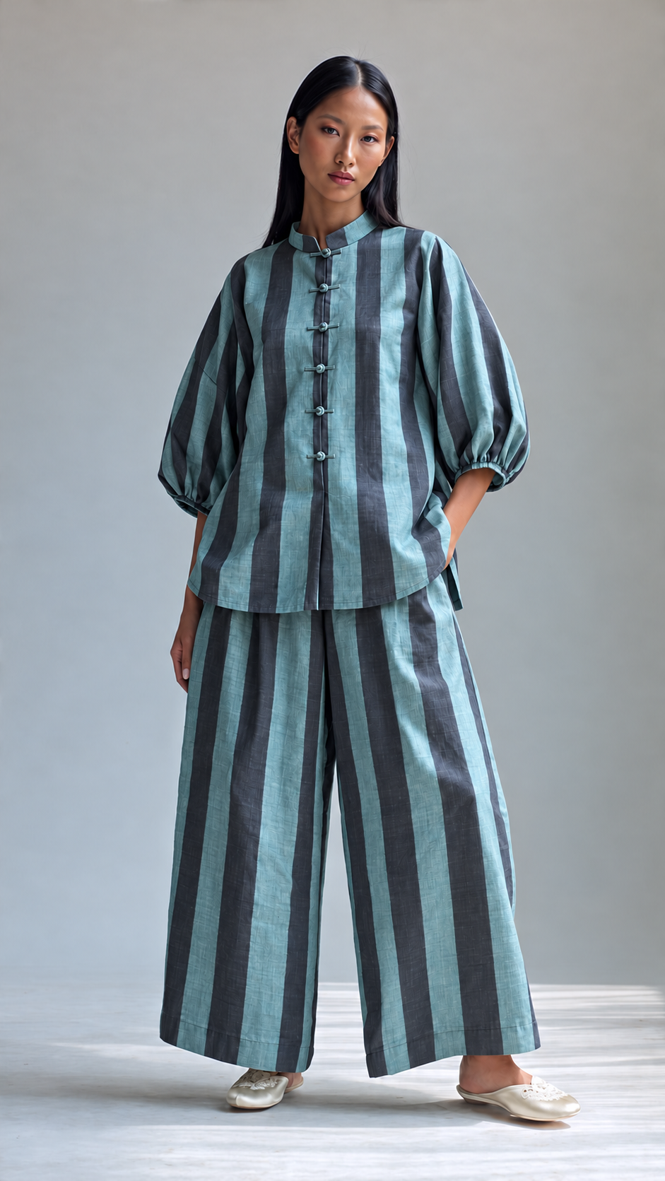 Aqua and Charcoal Striped Puff-Sleeve Tunic and Wide-Leg Trouser Set