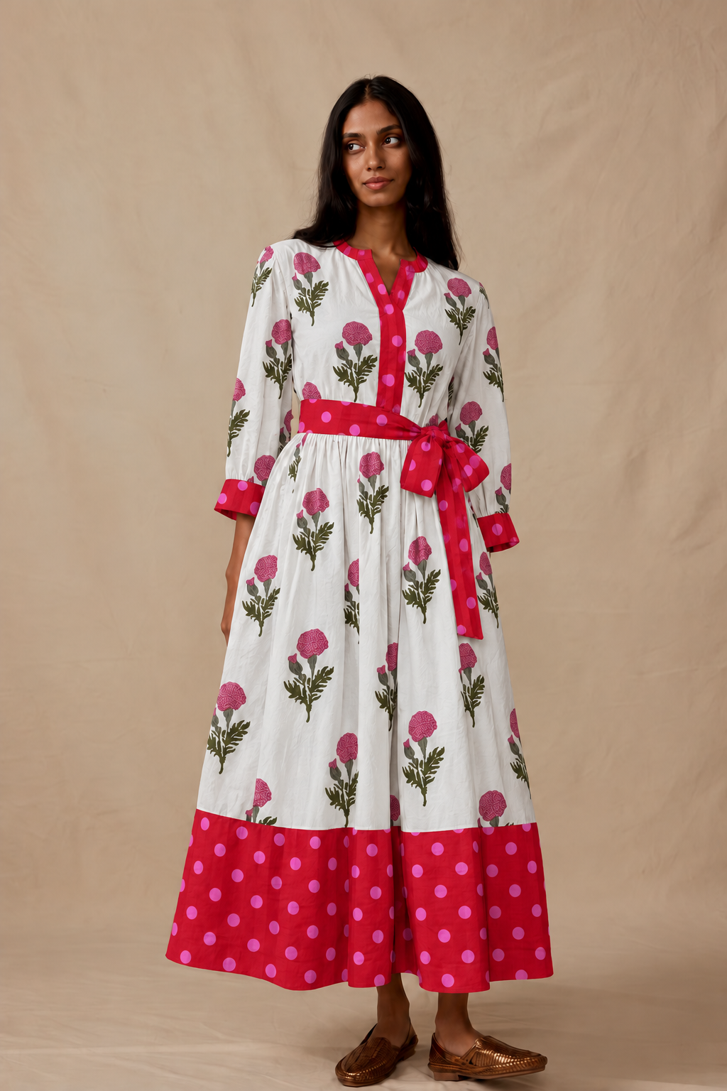 White and Pink Floral Dress with Red Polka Dot Hem
