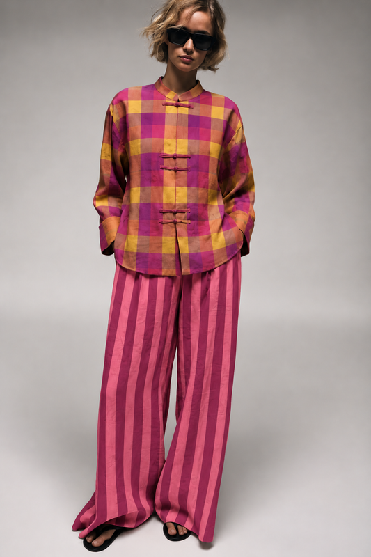 Magenta and Mustard Checked Shirt and Pink Striped Trouser Set
