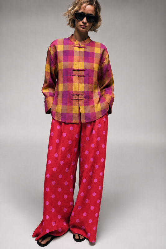 Magenta and Mustard Checked Shirt and Red Polka Dot Trouser Set