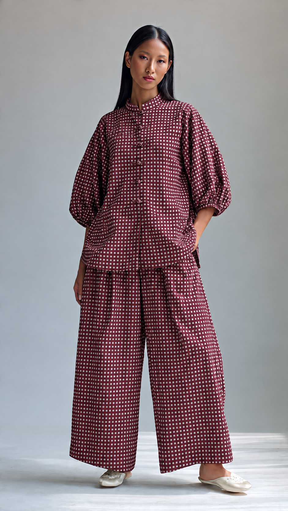 Maroon Mini Checked Puff-Sleeve Tunic and Wide-Leg Trouser Set