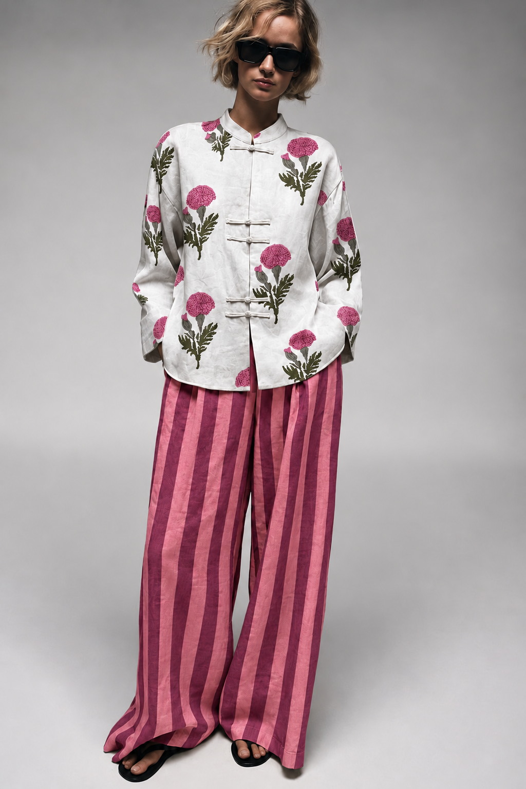 White and Pink Floral Shirt and Pink Striped Trouser Set