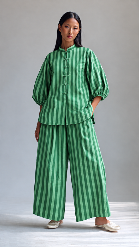 Green Striped Puff-Sleeve Tunic and Wide-Leg Trouser Set