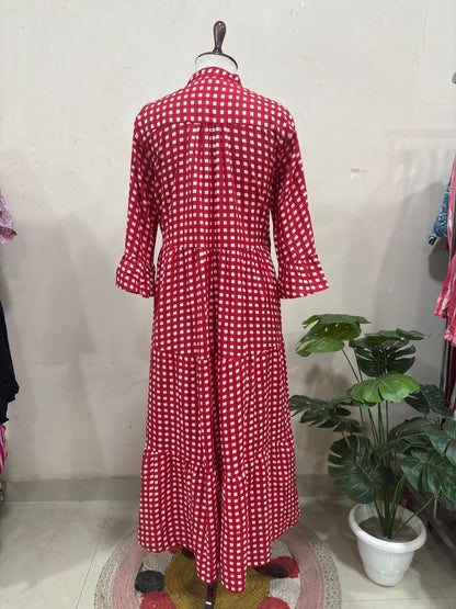 Red Gingham Check Tiered Maxi Dress