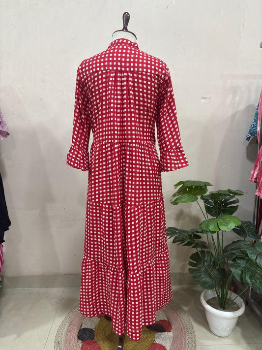 Red Gingham Check Tiered Maxi Dress