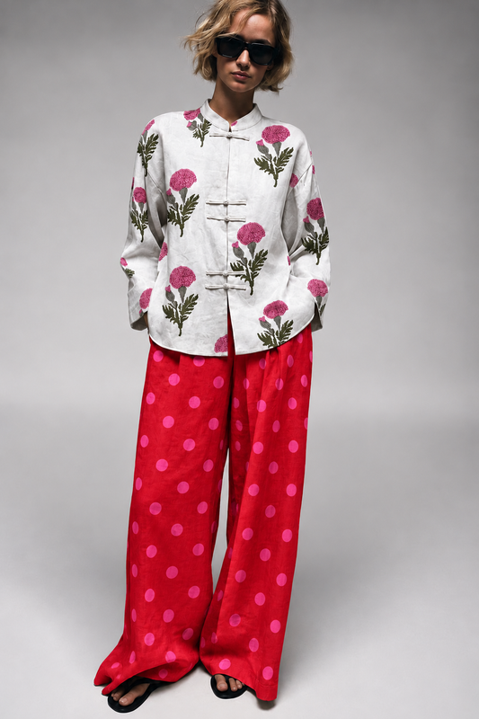 White and Pink Floral Shirt and Red Polka Dot Trouser Set
