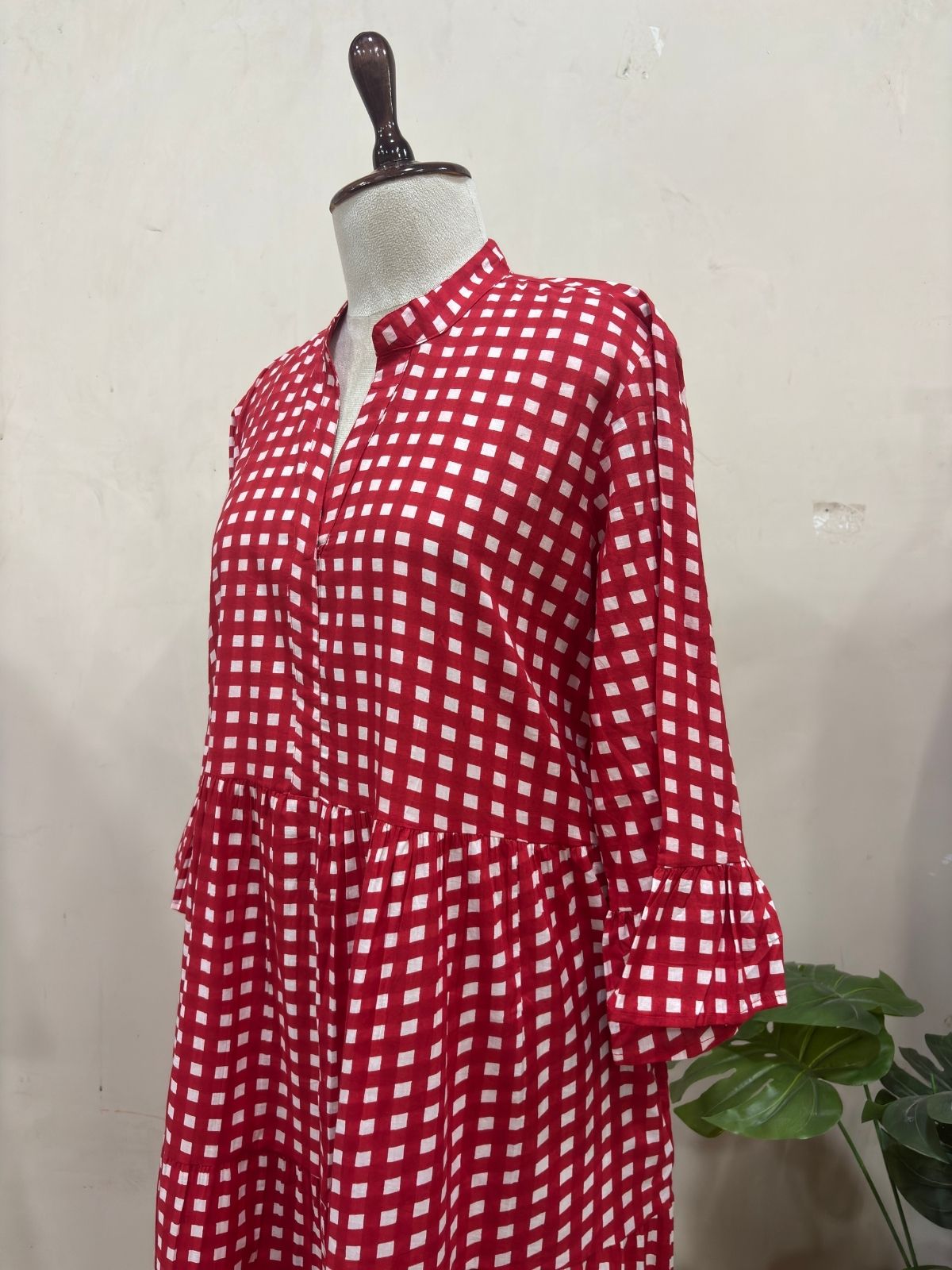 Red Gingham Check Tiered Maxi Dress
