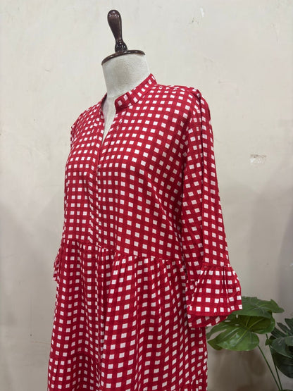 Red Gingham Check Tiered Maxi Dress