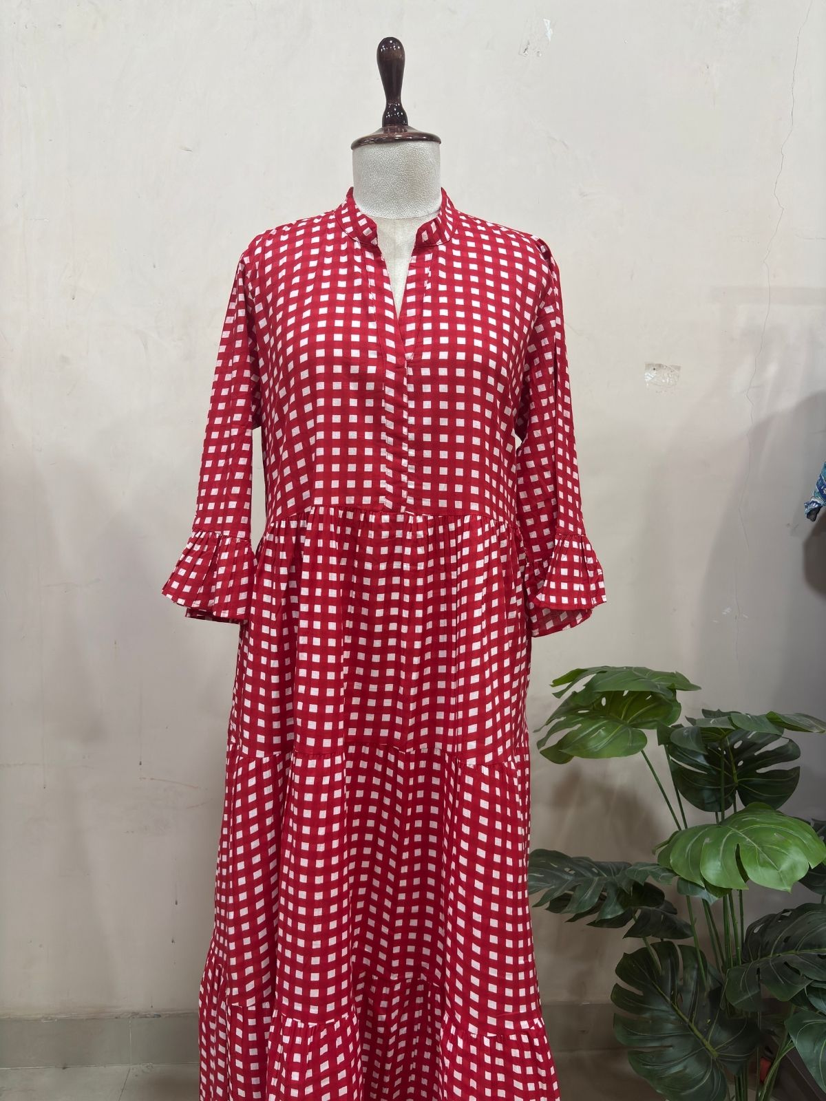 Red Gingham Check Tiered Maxi Dress