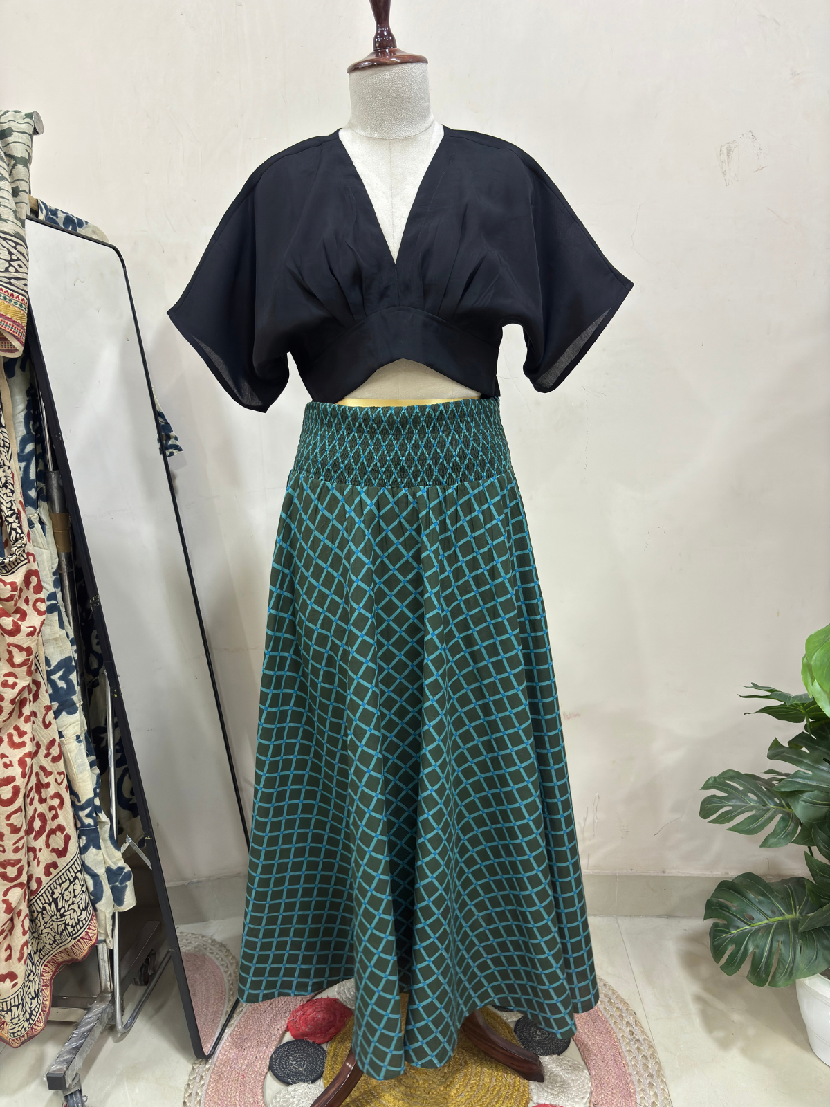 Indigo Green Checks Skirt Top Set